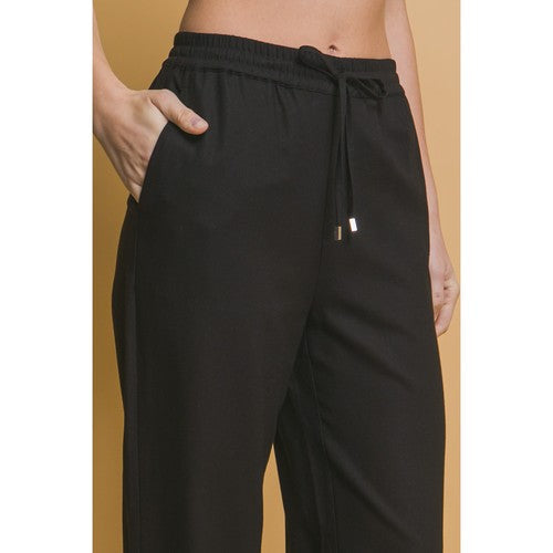 Drawstring Wide Leg Linen Blend Pants in Black