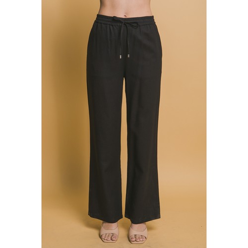 6978PS Drawstring Wide Leg Linen Pants in Black