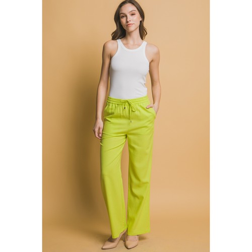 Drawstring Wide Leg Linen Blend Pants in Lime