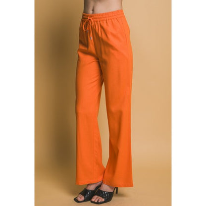 Drawstring Wide Leg Linen Blend Pants in Orange