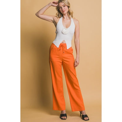 Drawstring Wide Leg Linen Blend Pants in Orange