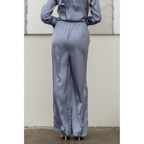 Satin Wide Leg Pants in Dusty Blue
