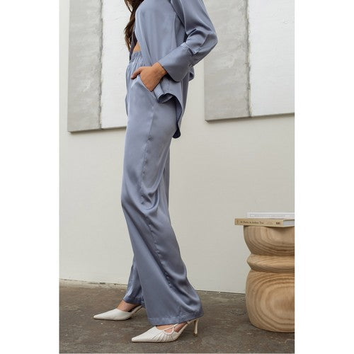 Satin Wide Leg Pants in Dusty Blue