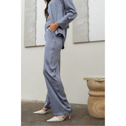 Satin Wide Leg Pants in Dusty Blue