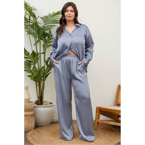 Satin Wide Leg Pants in Dusty Blue