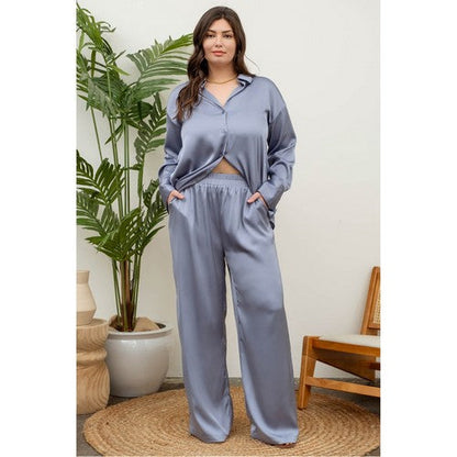 Satin Wide Leg Pants in Dusty Blue
