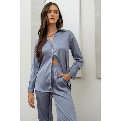 Satin Wide Leg Pants in Dusty Blue