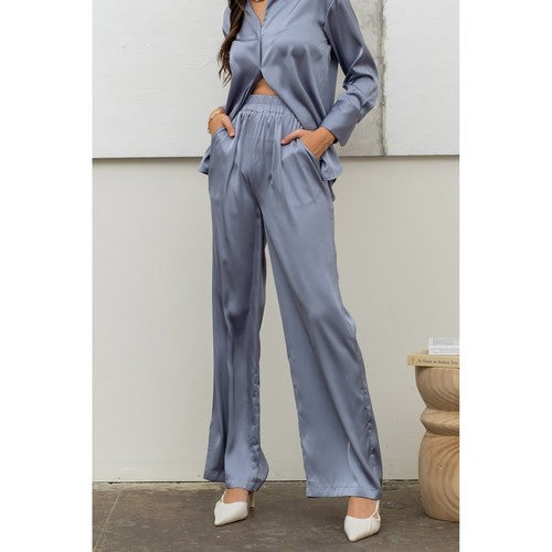 TW1153-B Satin Wide Leg Pants in Dusty Blue