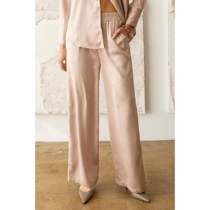 TW1153-B Satin Wide Leg Pants in Light Taupe