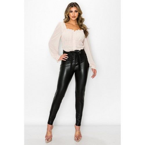 Vamp Waist Belted Faux Leather Pants in Black