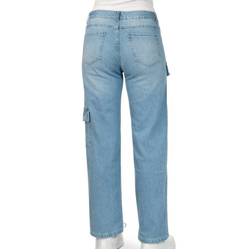 Olevey Cargo Straight Leg Jeans in Light Wash