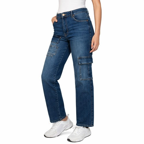 AMFB0530-E Olevey Off Set Cargo Straight Leg Jeans in Medium Wash