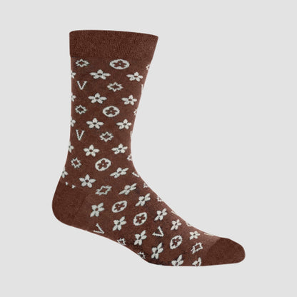V Monogram Print Designer Dress Socks in Brown