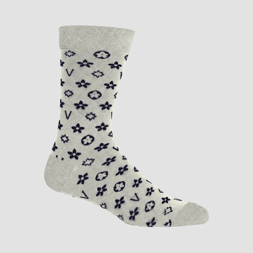 V Monogram Print Designer Dress Socks in Grey
