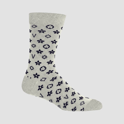 V Monogram Print Designer Dress Socks in Grey