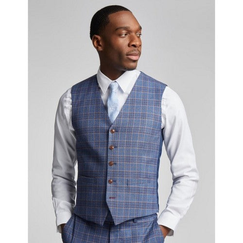 AB23104W Antique Rogue Plaid Floral  Waistcoat in Navy with Blue Stripes