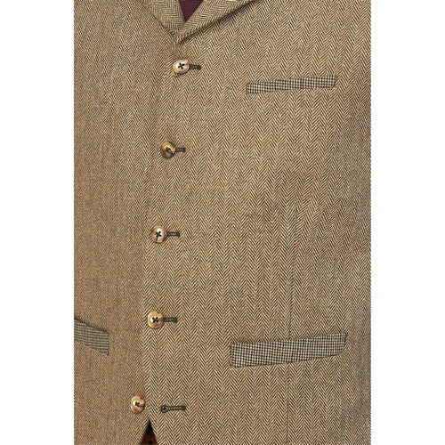 Gibson London Houndstooth Toile De Jouy Waistcoat in Fawn