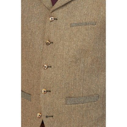 Gibson London Houndstooth Toile De Jouy Waistcoat in Fawn