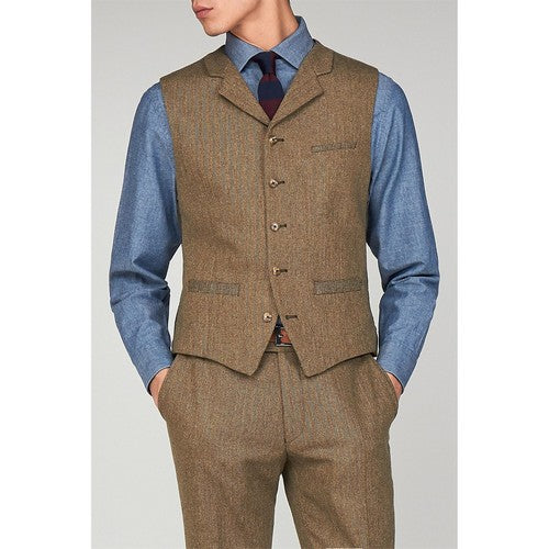Gibson London Houndstooth Toile De Jouy Waistcoat in Fawn