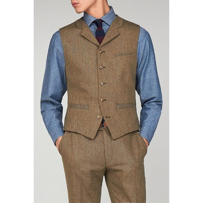 Gibson London Houndstooth Toile De Jouy Waistcoat in Fawn