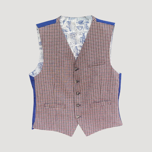Gibson London Plaid Toile De Jouy Waistcoat in Burgandy