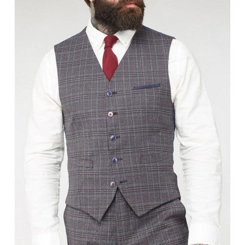 620203 Gibson London Plaid Toile De Jouy Waistcoat in Grey
