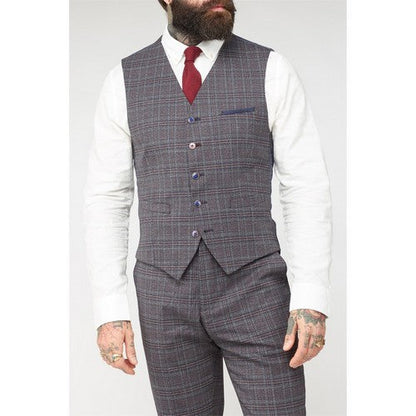 Gibson London Plaid Toile De Jouy Waistcoat in Grey