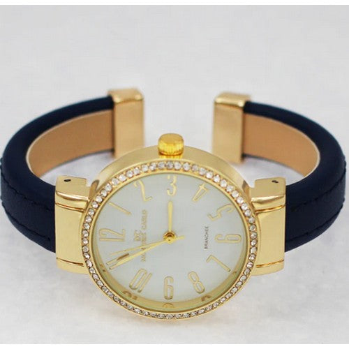 Montres Carlo Rhinestone Leather Cuff Watch in Blue