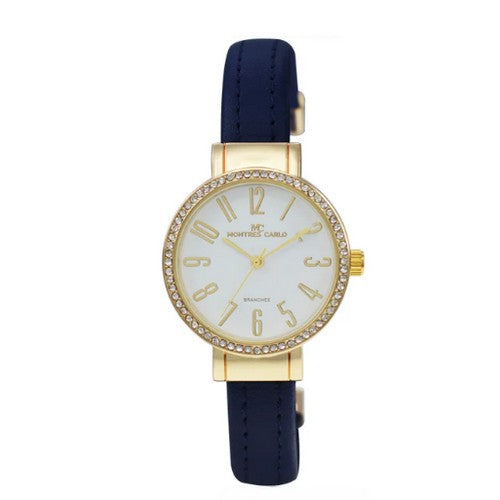 5250 Montres Carlo Rhinestone Leather Cuff Watch in Blue