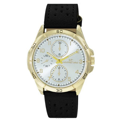5531 Montres Carlo Leather Band Chrono Watch in Gold & Black