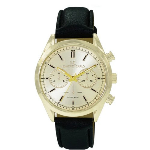 5530 Montres Carlo Leather Band Chrono Watch in Gold & Black