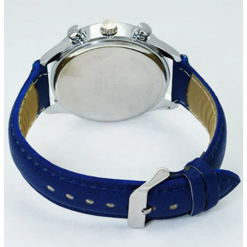 Montres Carlo Leather Band Chrono Watch in Silver & Blue