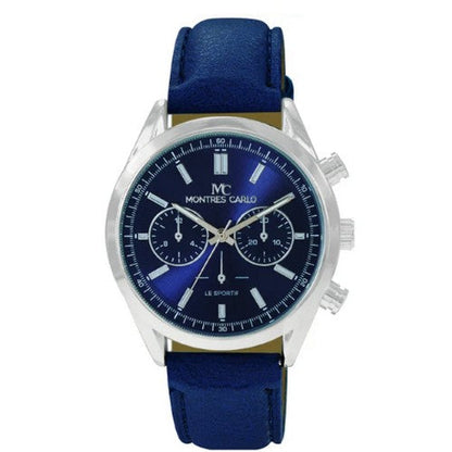 5530 Montres Carlo Leather Band Chrono Watch in Silver & Blue