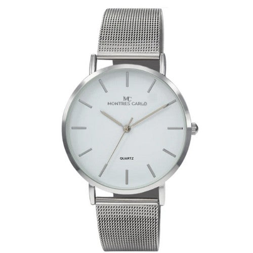 4853 Montres Carlo Classic Mesh Band Watch in Silver & White & Silver