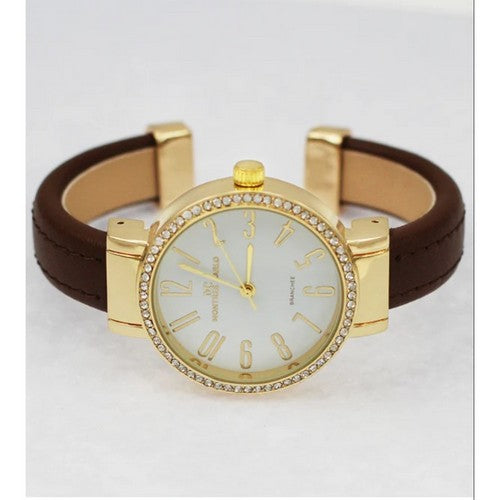 Montres Carlo Leather Cuff Rhinestone Watch in Brown