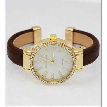 Montres Carlo Leather Cuff Rhinestone Watch in Brown