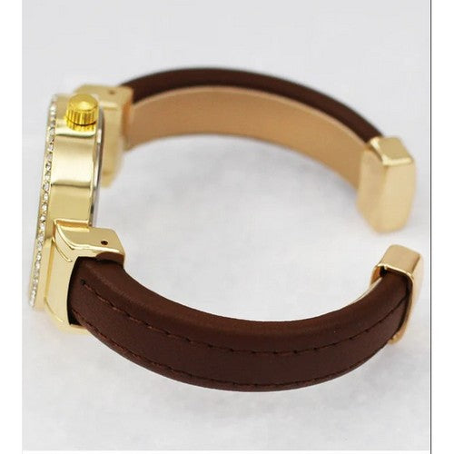 Montres Carlo Leather Cuff Rhinestone Watch in Brown