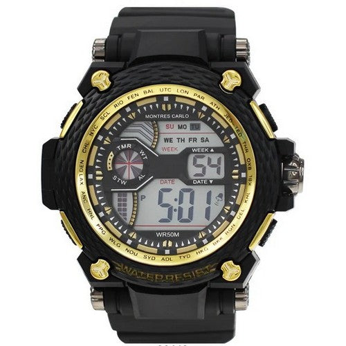 8644 Montres Carlo Multi-Function Water Resistant Watch in Black & Gold