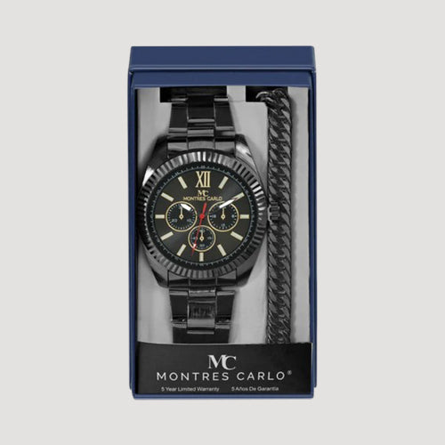 Montres Carlo Rolie Watch & Curb Chain Bracelet Gift Box Set in Black