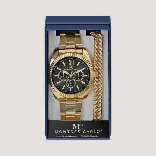 Montres Carlo Rolie Watch & Curb Chain Bracelet Gift Box Set in Gold