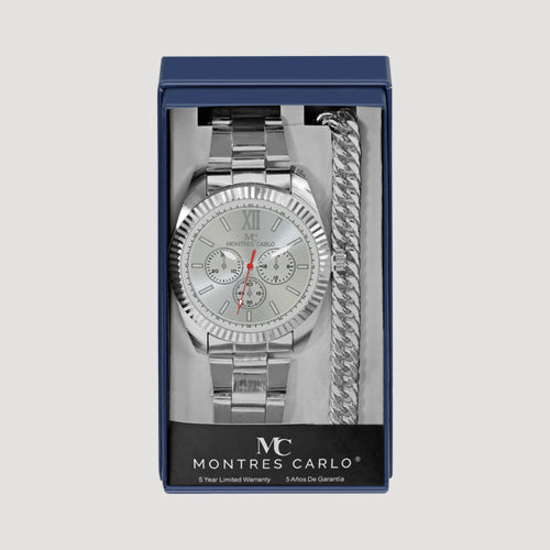Montres Carlo Rolie Watch & Curb Chain Bracelet Gift Box Set in Silver