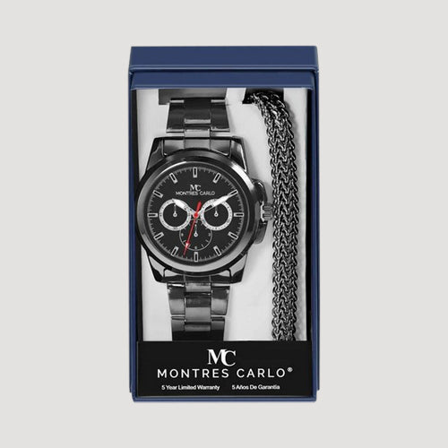 Montres Carlo Triple Dial Watch & Bracelet Gift Box Set in Black