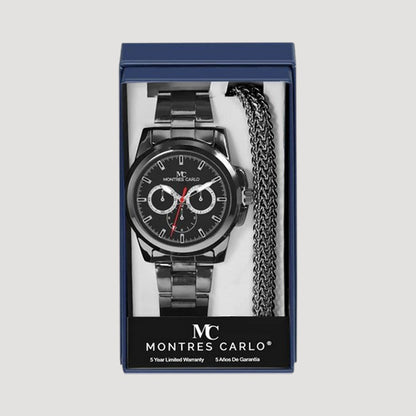 Montres Carlo Triple Dial Watch & Bracelet Gift Box Set in Black