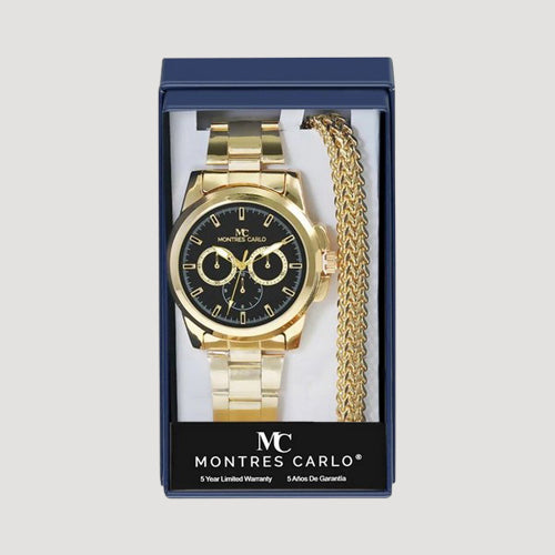 Montres Carlo Triple Dial Watch & Bracelet Gift Box Set in Gold