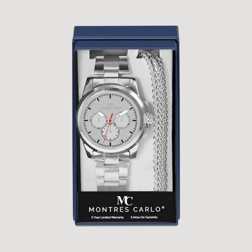 Montres Carlo Triple Dial Watch & Bracelet Gift Box Set in Silver