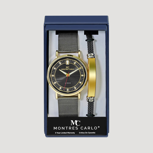 Montres Carlo Mesh Watch & ID Bracelet Gift Box Set in Black & Gold
