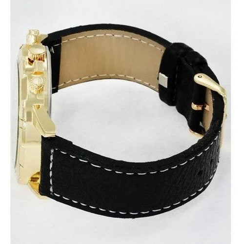 Montres Carlo Leather Band Chrono Watch in Black/Gold