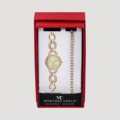 Montres Carlo Rhinestone Bracelet Watch & Tennis Bracelet Set in Gold
