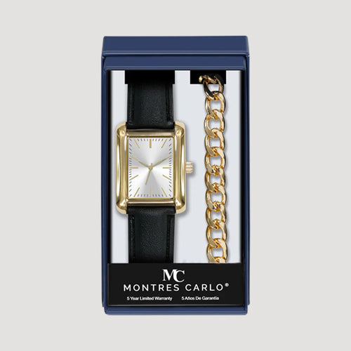 Montres Carlo Oblong Watch & Cuban Link Bracelet Box Set in Gold/Black
