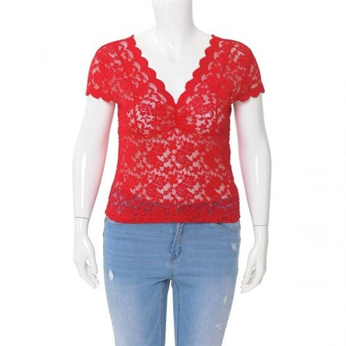 71838 Scalloped Lace V-Neck Short Sleeve Top Bold Red